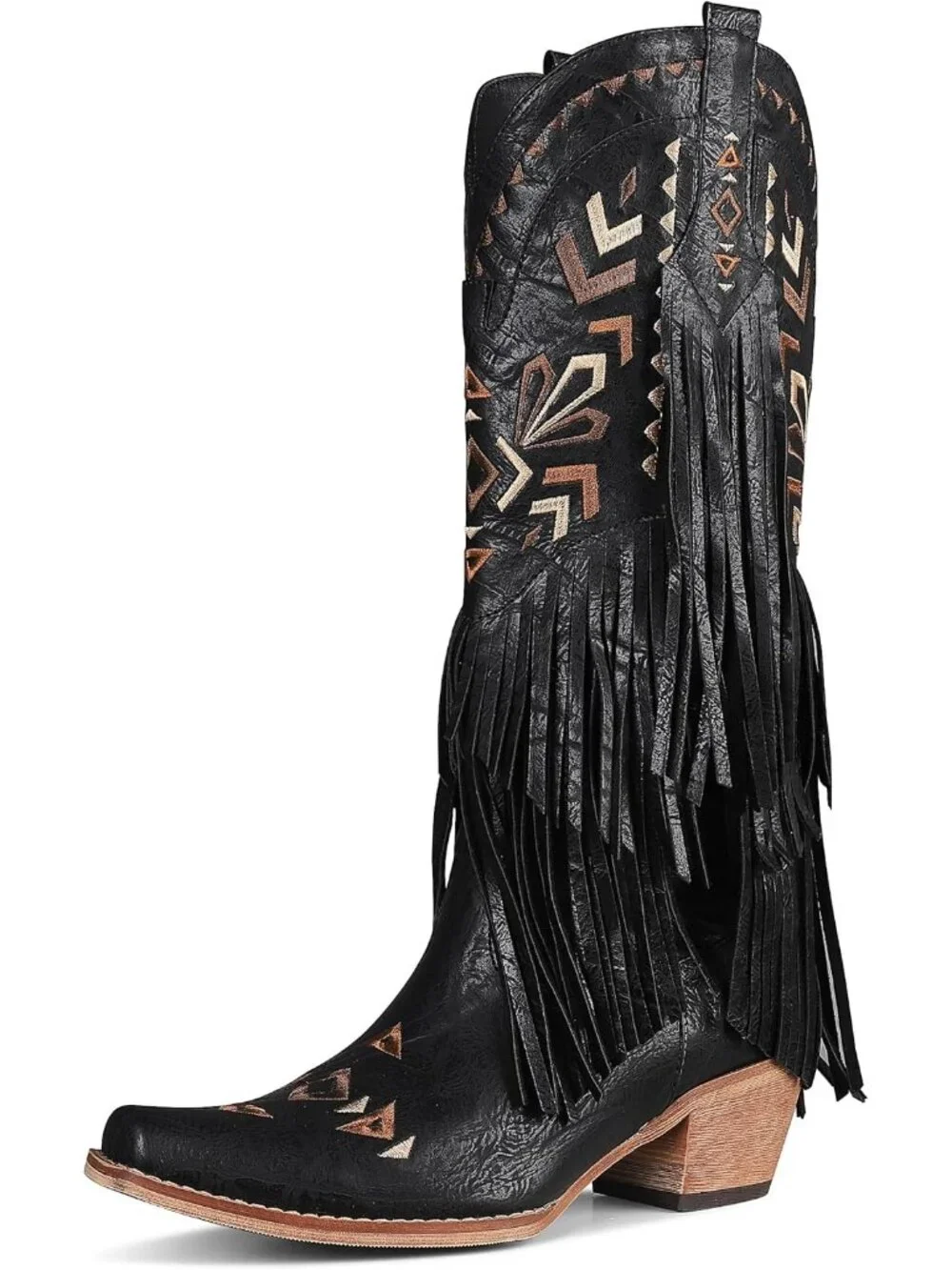Women's Black Cowgirl Knee High Fringe Boots Rubber Fleece Microfiber